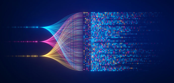 Big data technology and data science illustration. Data flow concept. Querying, analysing, visualizing complex information. Neural network for artificial intelligence. Data mining. Business analytics.