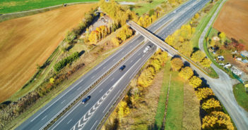 Aerial drone view of beautiful French countryside and motorway in France