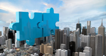 merger and acquisition business concept, join company on puzzle pieces, 3d rendering