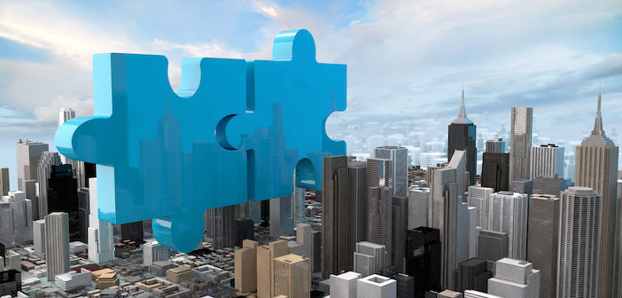 merger and acquisition business concept, join company on puzzle pieces, 3d rendering