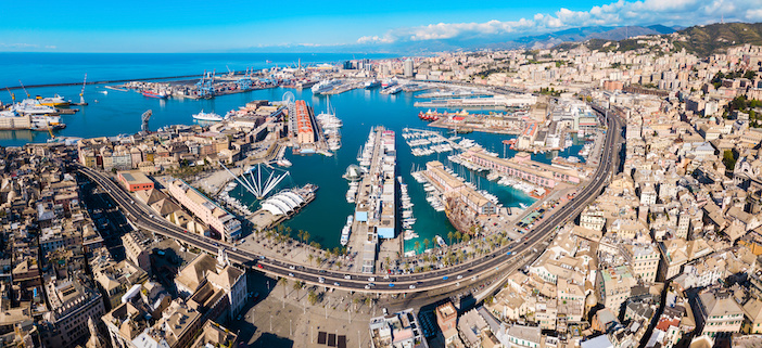 Genoa port aerial panoramic view. Genoa or Genova is the capital of Liguria region in Italy.