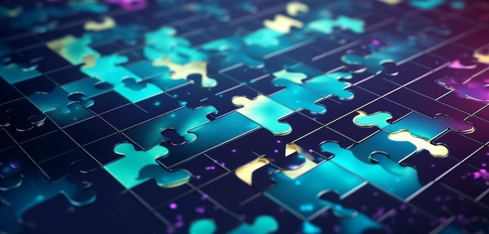 Jigsaw puzzle connecting together. Team business success partnership or teamwork concept. 3d rendering illustration. Generative AI