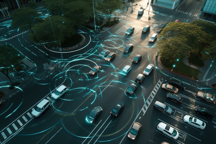 Autonomous delivery vehicles equipped with IoT and GPS technology monitored by 5G connected satellites triangulate traffic data at smart city junctions and highway connections. Generative AI