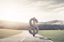 Stone dollar symbol on natural landscape as currency sign