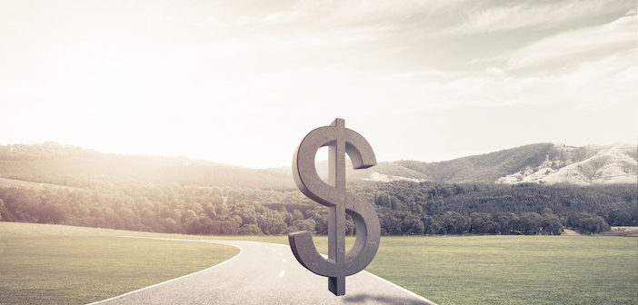 Stone dollar symbol on natural landscape as currency sign