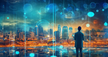USDOT releases update to ITS Architecture Reference tools Artificial intelligence looking at smart city, AI control city infrastructure, data traffic, ensure safety. World communication concept, generative ai