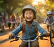 A child boy riding a bicycle for the first time.