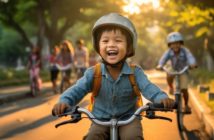 A child boy riding a bicycle for the first time.
