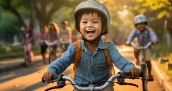A child boy riding a bicycle for the first time.