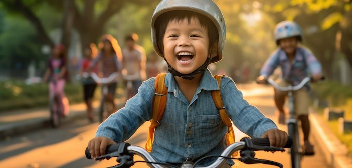 A child boy riding a bicycle for the first time.