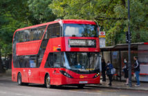 Bus Action Plan. Electric bus on route 106. Stoke Newington. September 2021. NB: NO CONSENT FORMS SIGNED FOR PEOPLE IN PHOTO