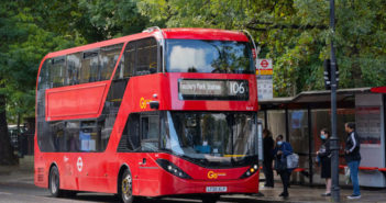 Bus Action Plan. Electric bus on route 106. Stoke Newington. September 2021. NB: NO CONSENT FORMS SIGNED FOR PEOPLE IN PHOTO