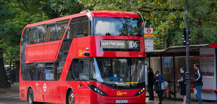 Bus Action Plan. Electric bus on route 106. Stoke Newington. September 2021. NB: NO CONSENT FORMS SIGNED FOR PEOPLE IN PHOTO